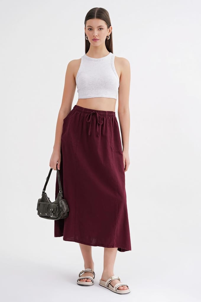 Hoge Taille Poplin Rok met Touwtje Detail
