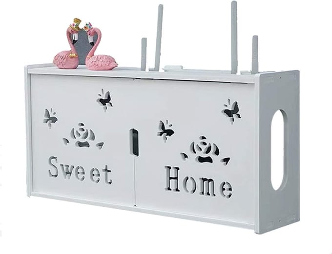 Wandrek voor router, witte kabelopbergdoos, houten plastic opbergdoos voor verschillende kabels zoals tv, decoder, router, wifi enz., E