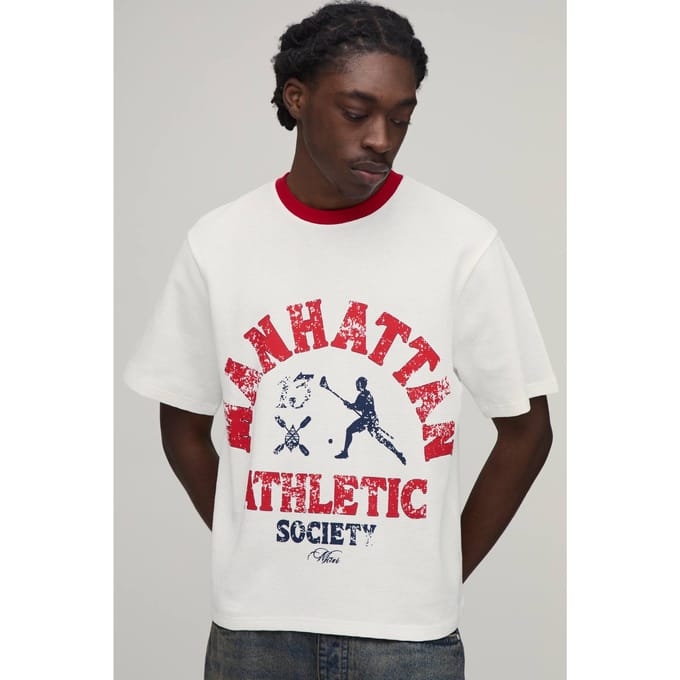 Regular Fit Waffle Athletic Society Print Short Sleeve T-Shirt | Ecru | Size Small