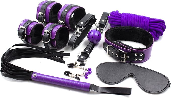 Fixxx - BDSM Set Voor Beginners - 8 delen - Gevoerd met Bont - Zwart/Paars