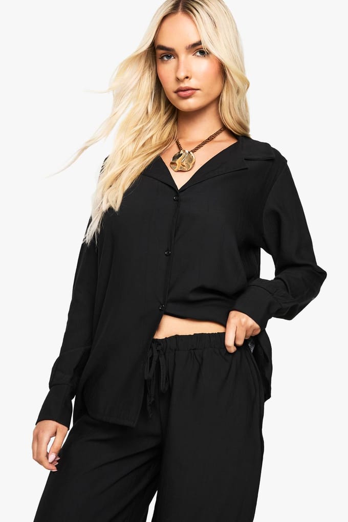 boohoo Dames Gerimpeld oversized shirt & broek set | Black | Maat: 6