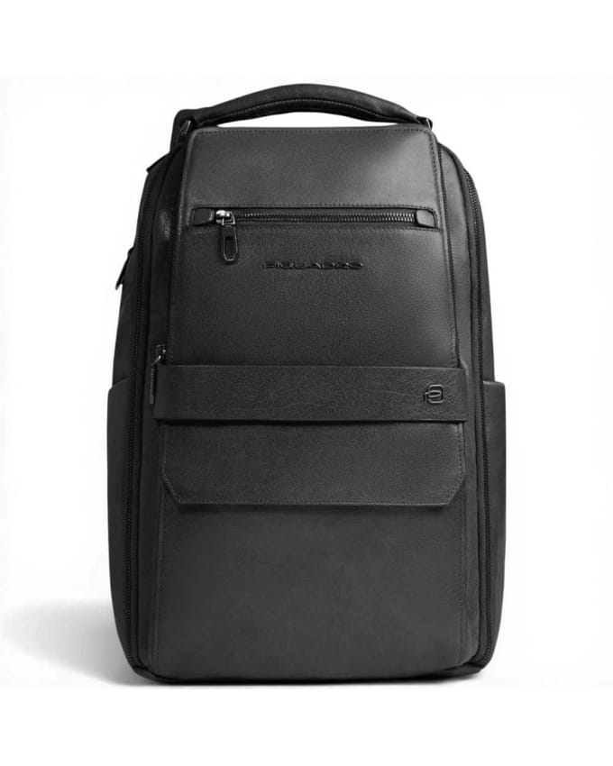 Piquadro Rugzak S141 Black Leather Man met PC Door 14' en iPad