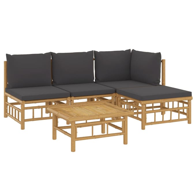 vidaXL - 5-delige - Loungeset - met - kussens - bamboe - donkergrijs