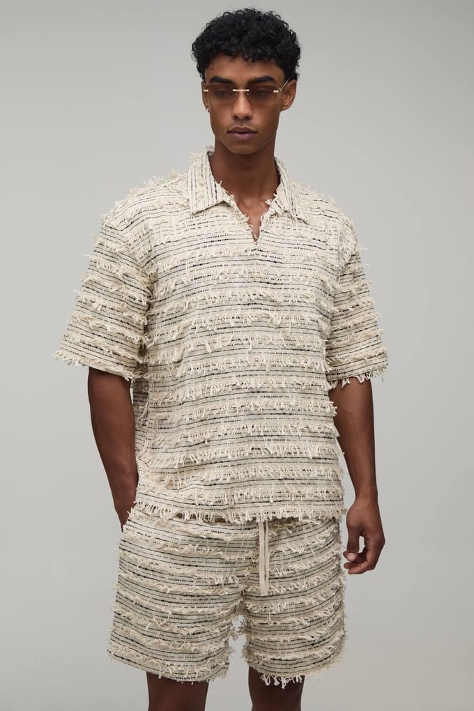 Gestructureerd Katoenen Oversized Shirt Met Diepe V-hals & Relaxed Short Set | Natural | Size Medium