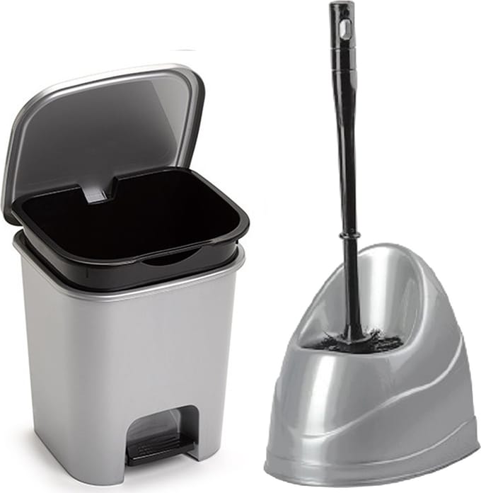 Forte Plastics - WC-/toiletborstel houder - zilver - pedaalemmer 7.5L