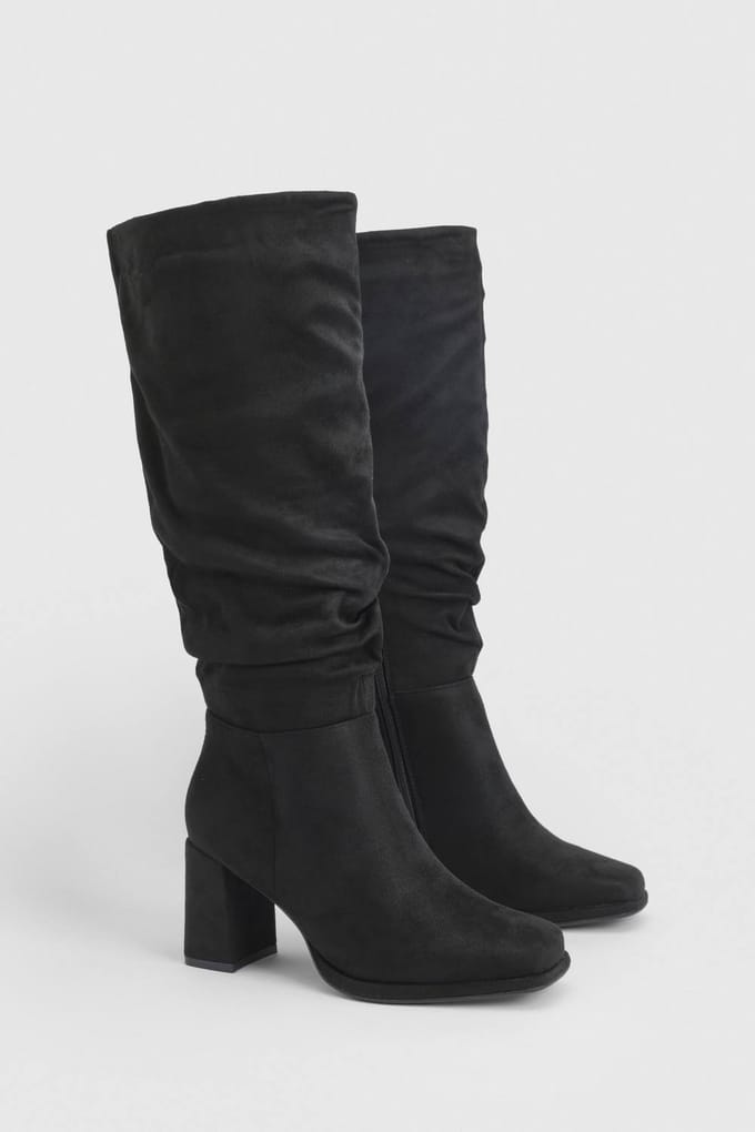 boohoo Dames Wijde Pasvorm Faux Suede Blokhak Knielaarzen | Black | Maat: 3