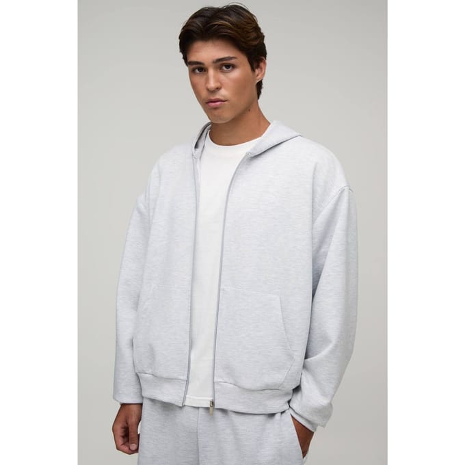 Oversized Boxy Hoodie Met Rits Van Gebonden Scuba-stof | Grey Marl | Size Medium