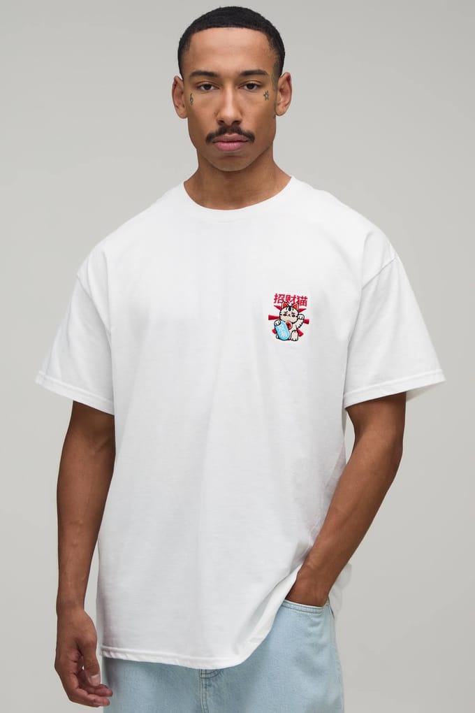 Oversized T-shirt Met Gelukskat Borduursel | White | Size Small