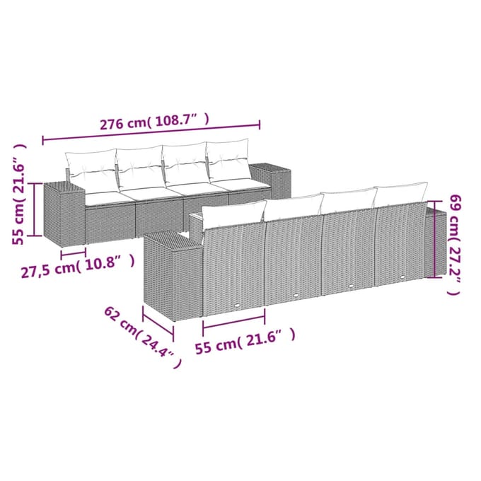vidaXL - 9-delige - Loungeset - met - kussens - poly - rattan - grijs