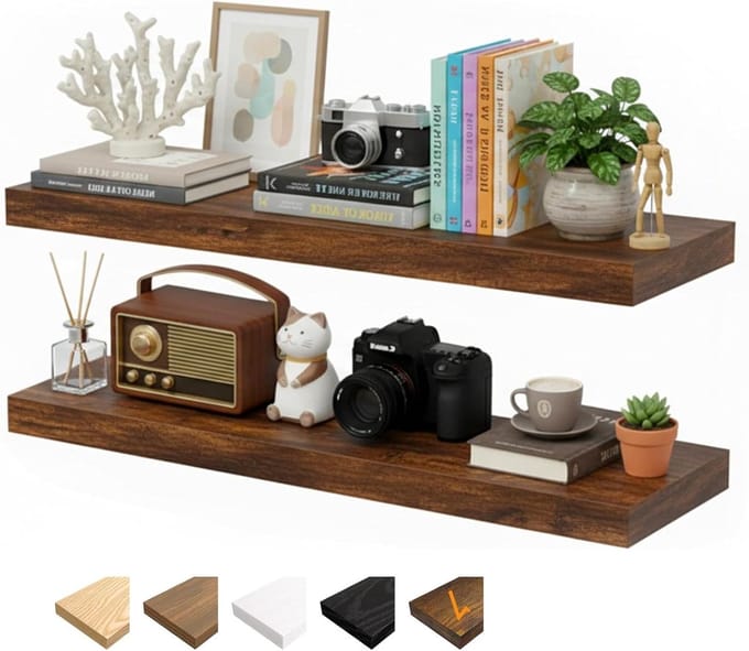 Zwevende Planken - Wandplanken Hout - Decoratie Opslag - Onzichtbare Beugels - 80 cm - Bruin