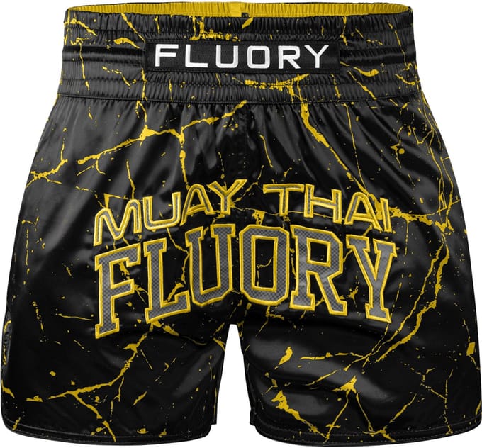 Fluory Muay Thai Kickboks Short Zwart Marmer Goudgeel - XL