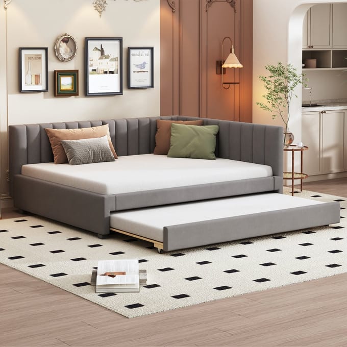 Gestoffeerd Bed 140x200 cm - Uitschuifbaar Dagbed - Multifunctioneel met Lattenbodem - Fluweel - Grijs