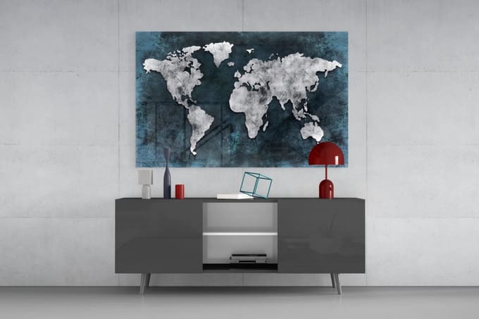 Glasschilderij - Wereldkaart - Blauw - Grijs - 72x46 cm