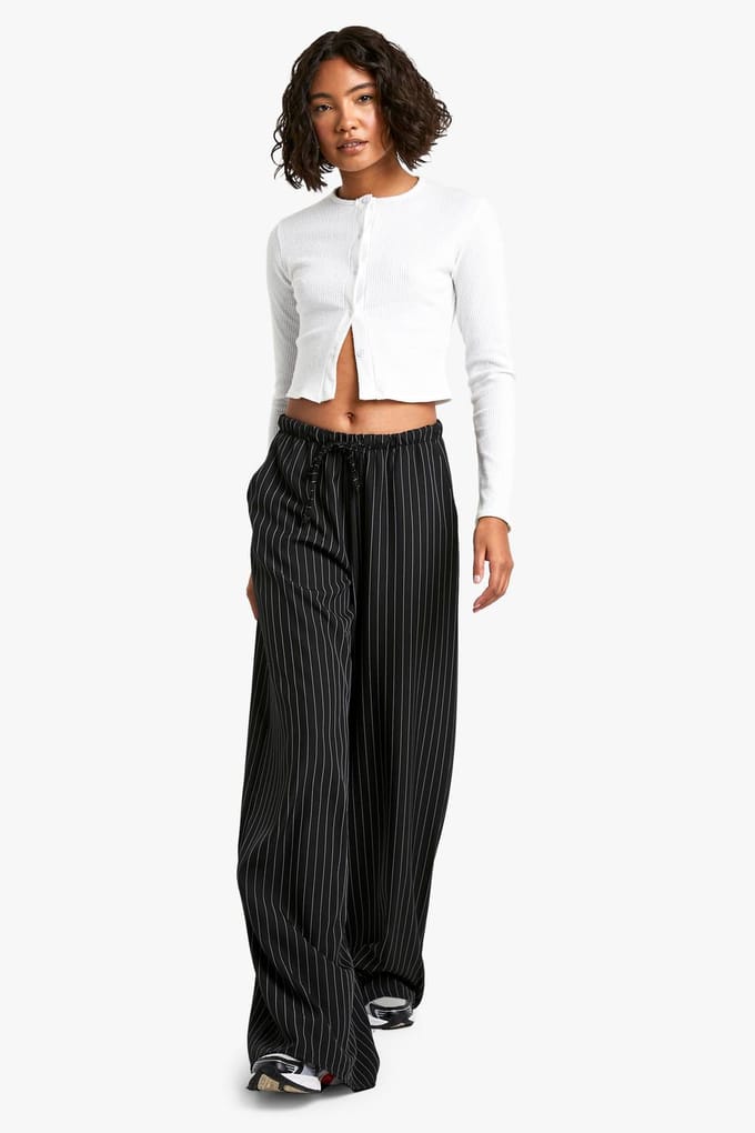 boohoo Dames Tall Drawstring Stripe Wide Leg Trousers | Zwart | Maat: 44