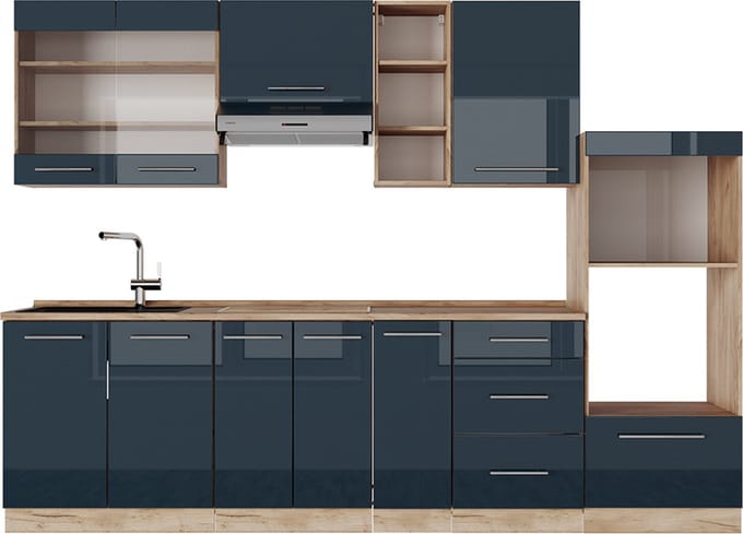 Vicco Fame-Line Complete keukeneenheid – 280 cm, WB Eik Donkerblauw hoogglans/gouden eik