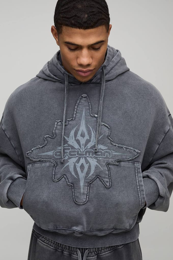Geslonken Boxy Loopback Gewassen OFCLMAN Applique Hoodie | Charcoal | Size Medium