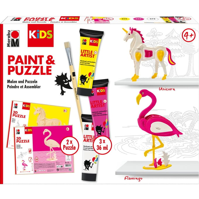 3D Puzzel Knutselset Kinderen: Flamingo & Eenhoorn, Verf & Kwasten