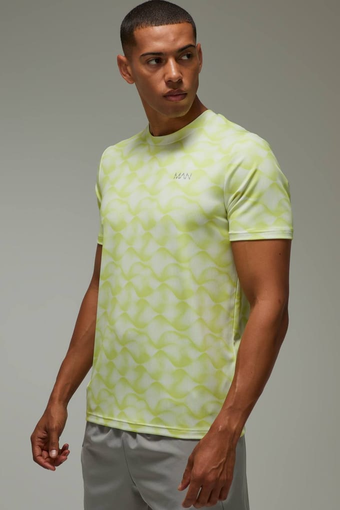 Heren Actief Abstract Wave Regular Fit T-shirt | Neon/Green | Size Medium