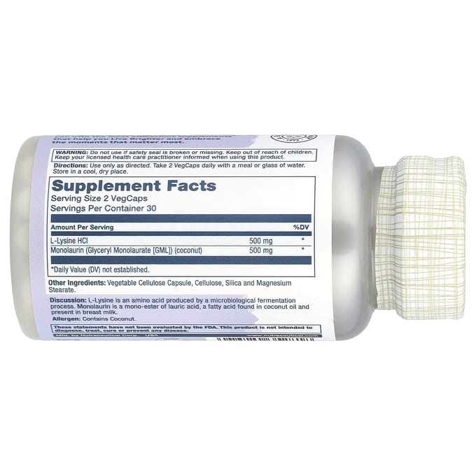 L-Lysine Monolaurine, 1:1 Ratio, 60 Veggie Capsules