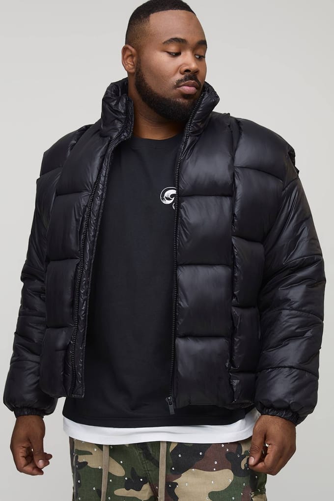 Plus High Shine Weft Oversized Funnel Neck Puffer Jacket | Black | Size 2XL