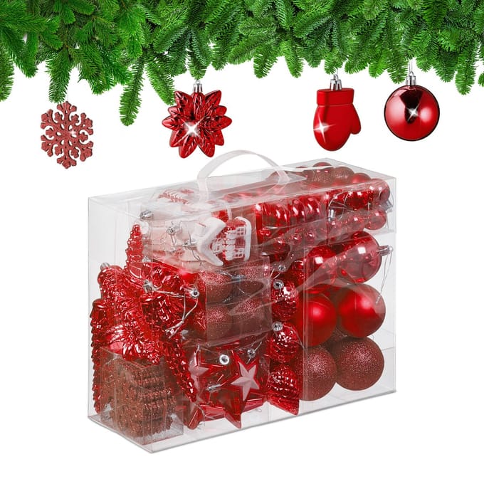 Kerstballen set van 100 - plastic - mat - glanzend - glitters - 10 designs - rood