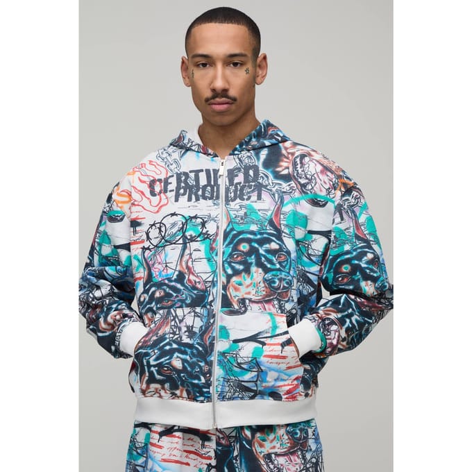 Oversized Boxy All Over Graffiti Print Zip Through Hoodie | Ecru | Size Medium