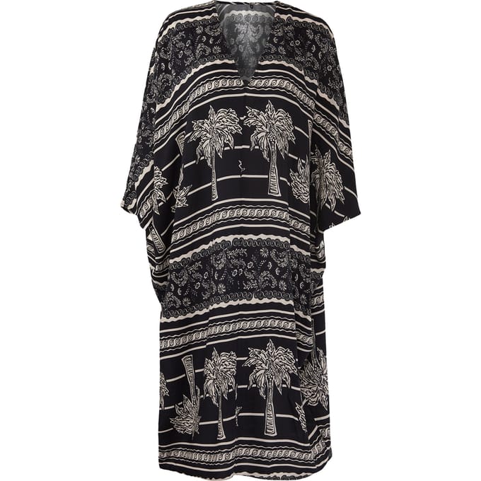 Dames zwarte midi-jurk met print en spaghettibandjes, oversized strandjurk