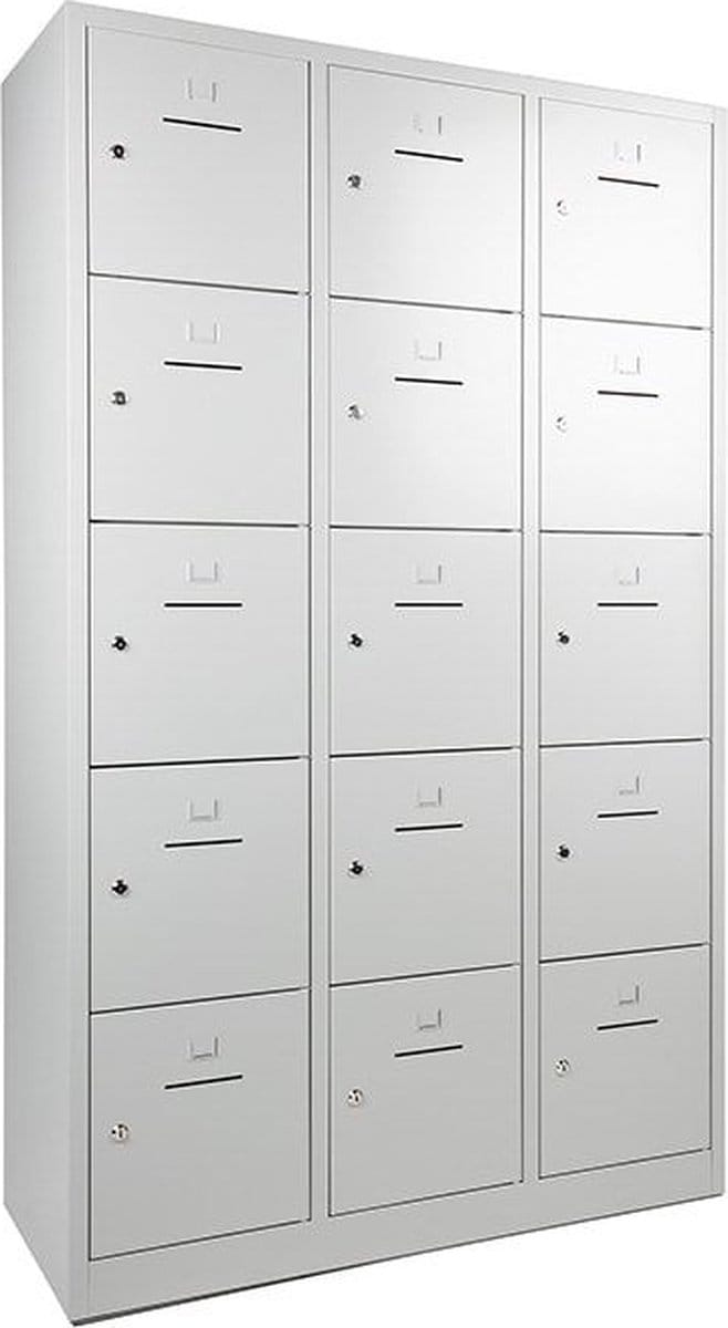 Lockerkast SHC met 15 deuren voorzien van brievensleuf in rood met hangoogsluiting (excl. hangslot)