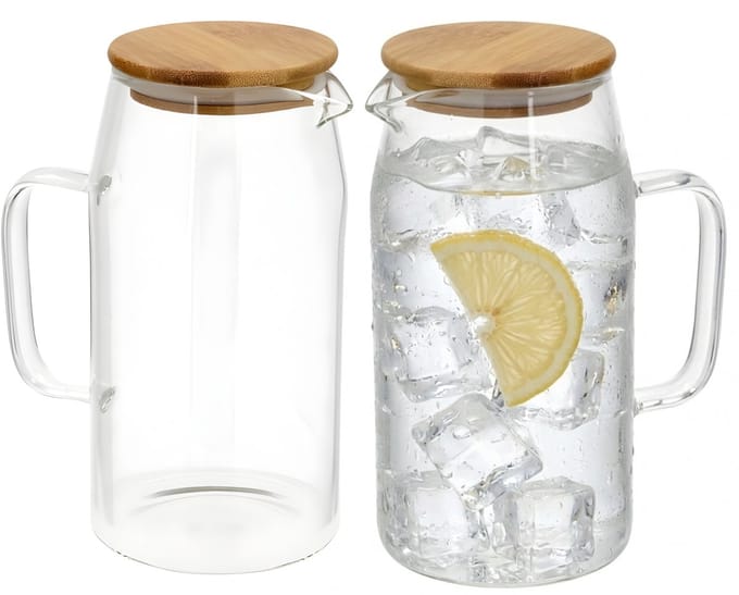 Gerimport Water / sapkan - 2x - met bamboe deksel - 1,1 ltr - glas - schenkkan