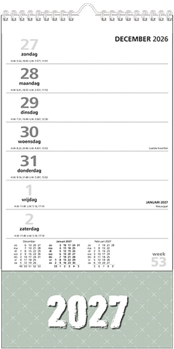MGPcards - XL Minikalender 2027 - Week begint op zondag - 16 x 30 cm - Groen