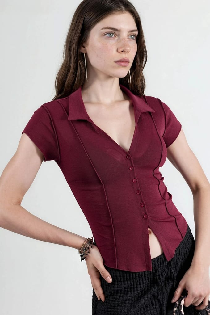 Gestructureerde Gebreide Korte Mouwen Shirt met Knopen