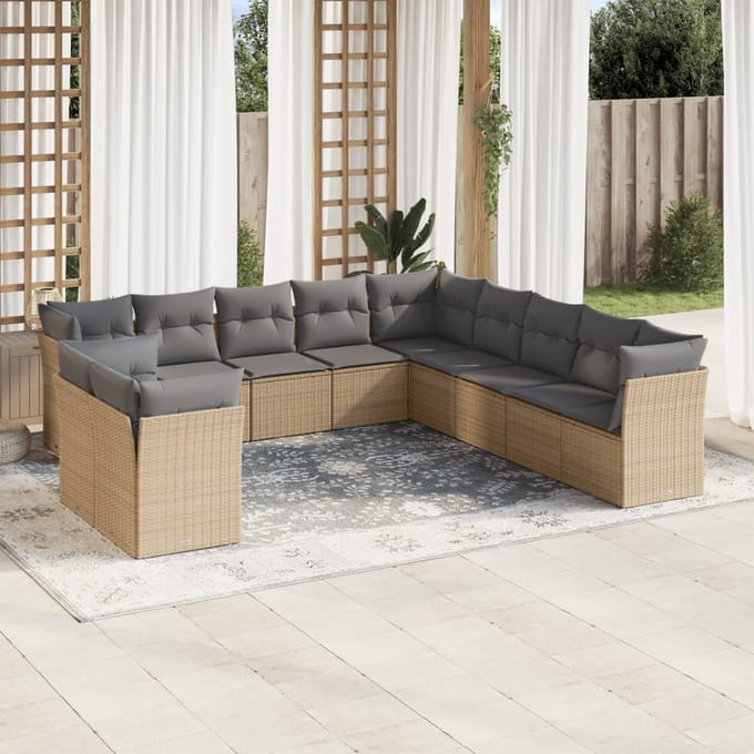 vidaXL - 11-delige - Tuinset - met - kussens - poly - rattan - beige