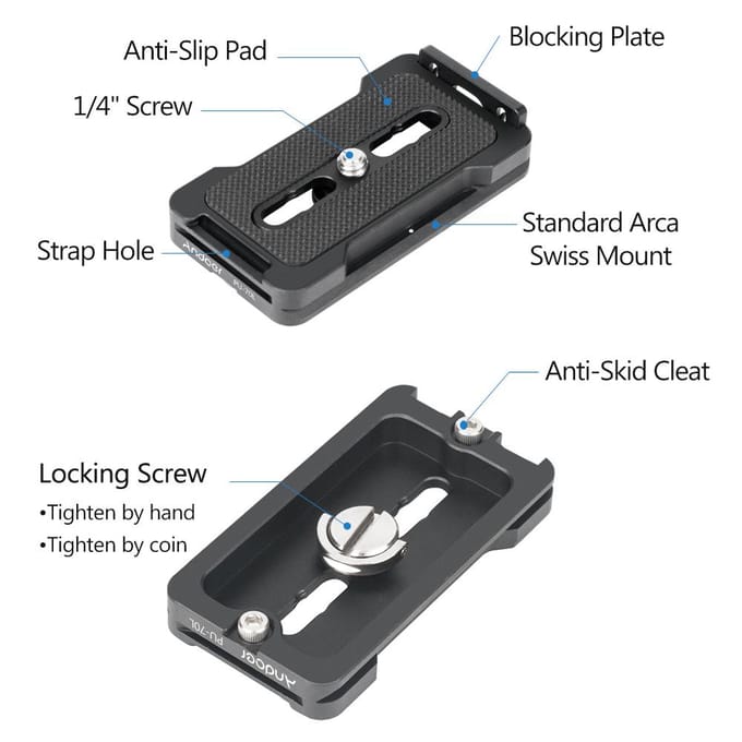 PU-70L Snelkoppelingsplaat QR-plaat 1/4 inch bevestigingsschroef Compatibel met Arca 70mm zwart