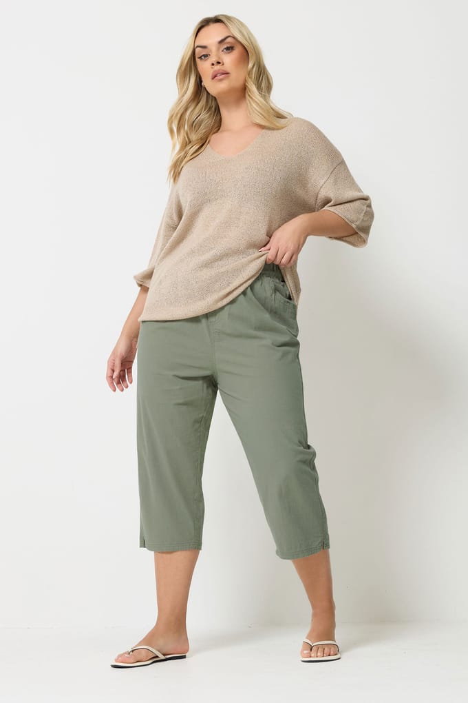 Yours Cropped Broek Van Katoen Met Elastische Taille In Kakigroen Size 58-60