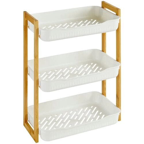 5Five Badkamer douche rekje - 3 laags - recht model - wit - kunststof/bamboe - 35 x 20 x 45 cm