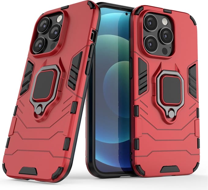 MobyDefend Hoesje - Geschikt voor iPhone 14 Pro - Dubbelgelaagde Pantsercase Met Standaard - Rood