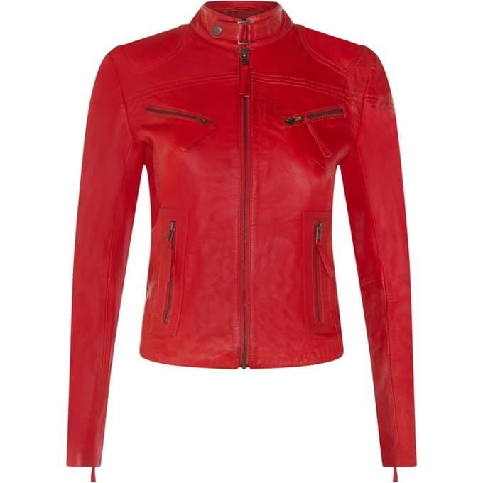 Dames rode slim-fit leren bikerjack - Maldon