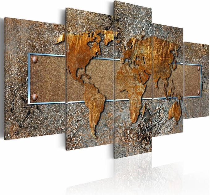 Schilderij - Wonderlijke Wereld - Wereldkaart, 5 luik
