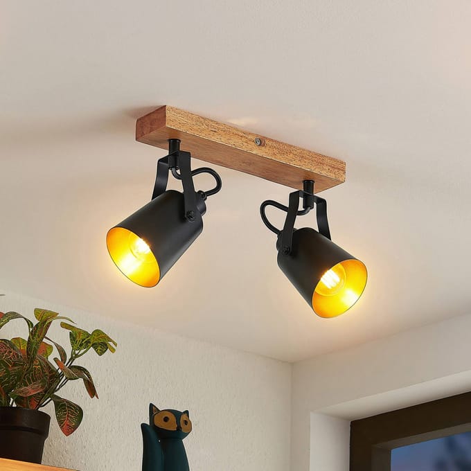 Lindby - buitenspot - 2lichts - ijzer, rubberhout - H: 15.8 cm - E14 - zwart, donker hout