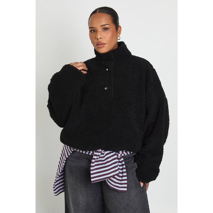 boohoo Dames Plus Borg Doorknoop Sweatshirt | Zwart | Maat: 46