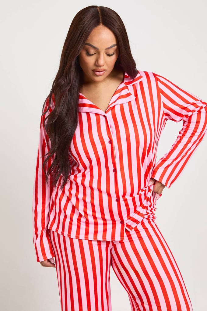 boohoo Dames Plus Gestreepte Print Lange Mouw & Broek Pyjama Set | Pink | Maat: 16