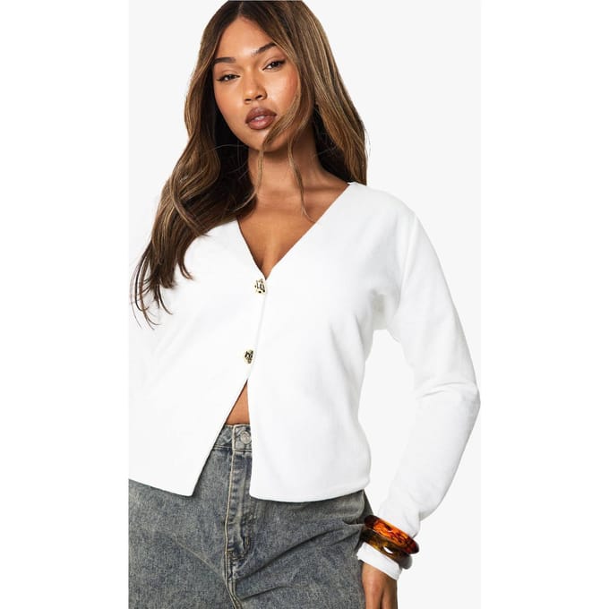 boohoo Dames PLUS GEBREIDE CARDIGAN MET GOUDEN KNOPEN | Ecru | Maat: 50