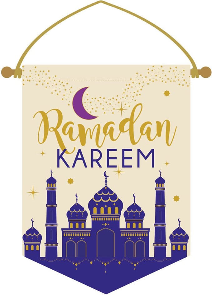 Ramadan Kareem Wandbanner, Linnenlook, 28x38 cm, Blauw/Goud