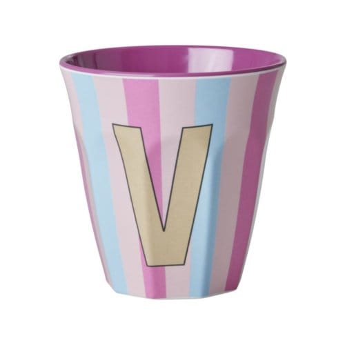 Rice melamine beker medium gestreept letter v, roze