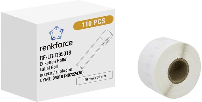 Renkforce Rol met etiketten Compatibel vervangt DYMO DYMO 99018 190 x 38 mm Papier Wit 110 stuk(s) Permanent hechtend Multifunctionele etiketten...