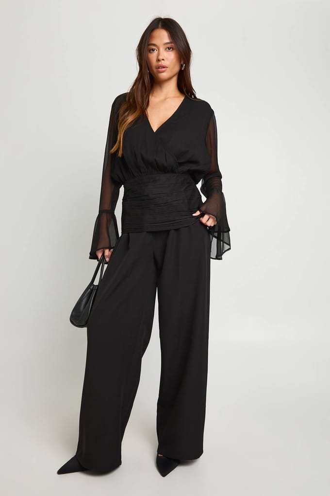 boohoo Dames Chiffon wikkelblouse met fluitmouwen | Black | Maat: 12