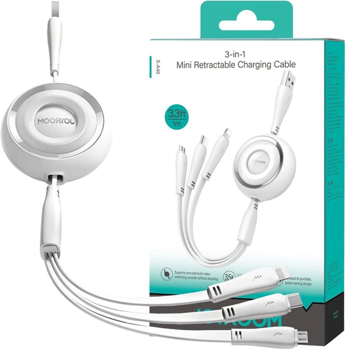 Joyroom Colorful Series S-A40 Cable Retractable 3in1 USB-A - USB-C / Lightning / Micro USB 1m - White