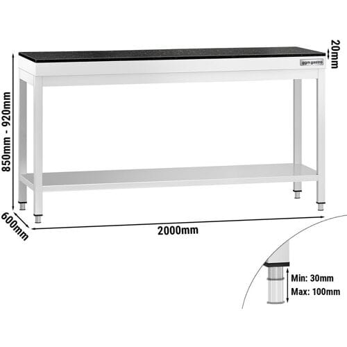 GGM Gastro Edelstahl Arbeitstisch PREMIUM - 2000x600mm - mit Grundboden - inkl. Granitarbeitsplatte