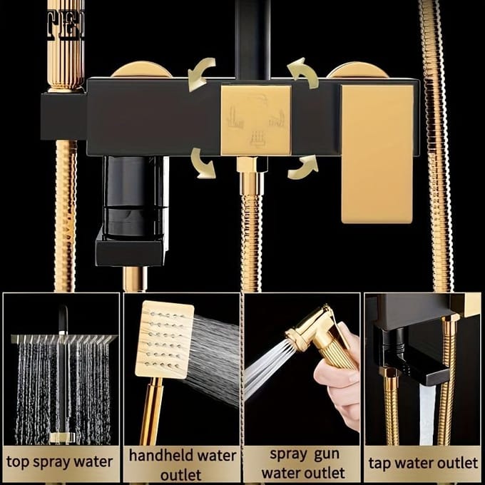 Zwart & Goudkleurige 4-Functie Doucheset - Messing, Wandmontage met Handdouche, Dubbele Douchekoppen voor Verbeterde Druk zwart