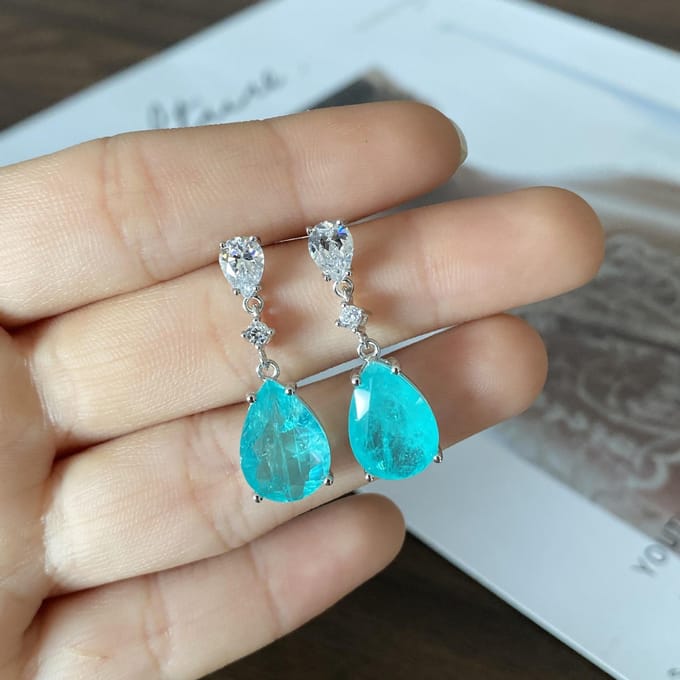 Ensemble Simulation Paraiba Bijoux Bague Forme Goutte d'Eau Pendentif Collier Boucles d'Oreilles Clous gray